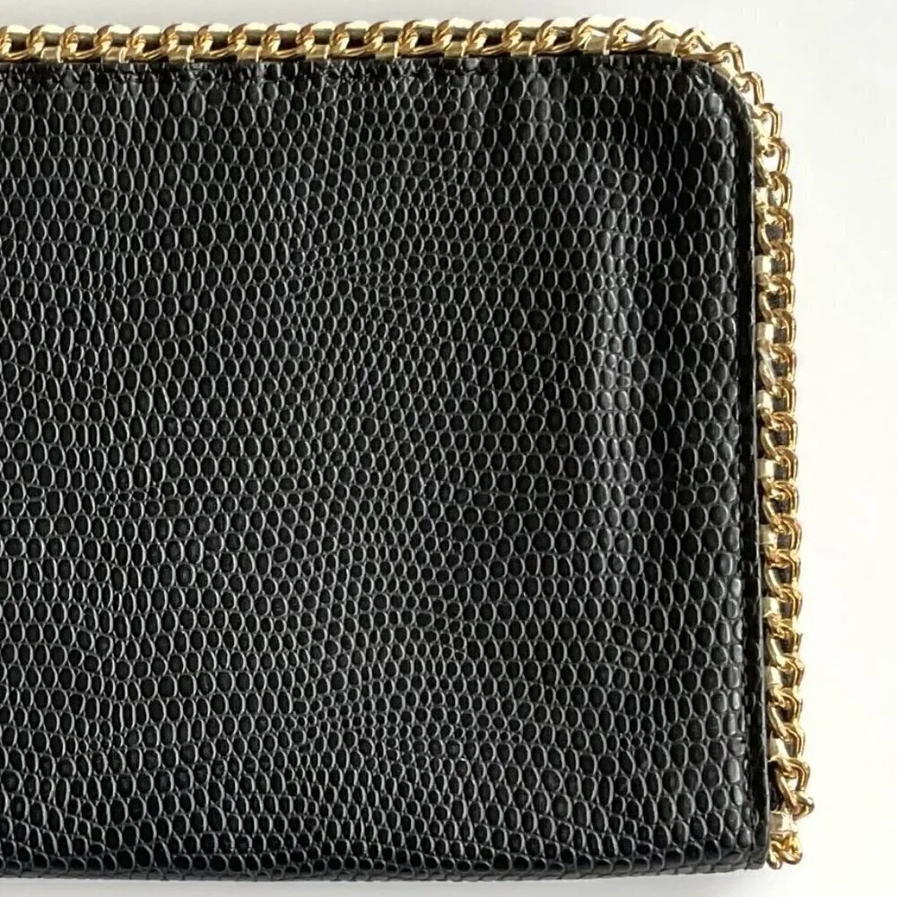 BLACK FAUX  SNAKE SKIN CLUTCH PURSE WITH  GOLD CHAIN DETAIL